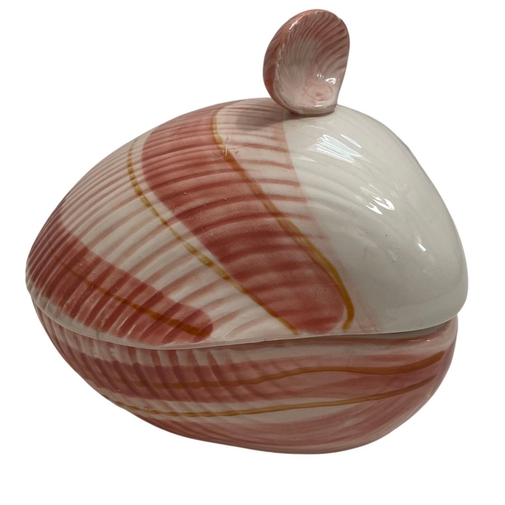 Fitz and Floyd Vintage 1976 Pink Seashell Lidded Trinket Dish Bowl Striped FLAW
